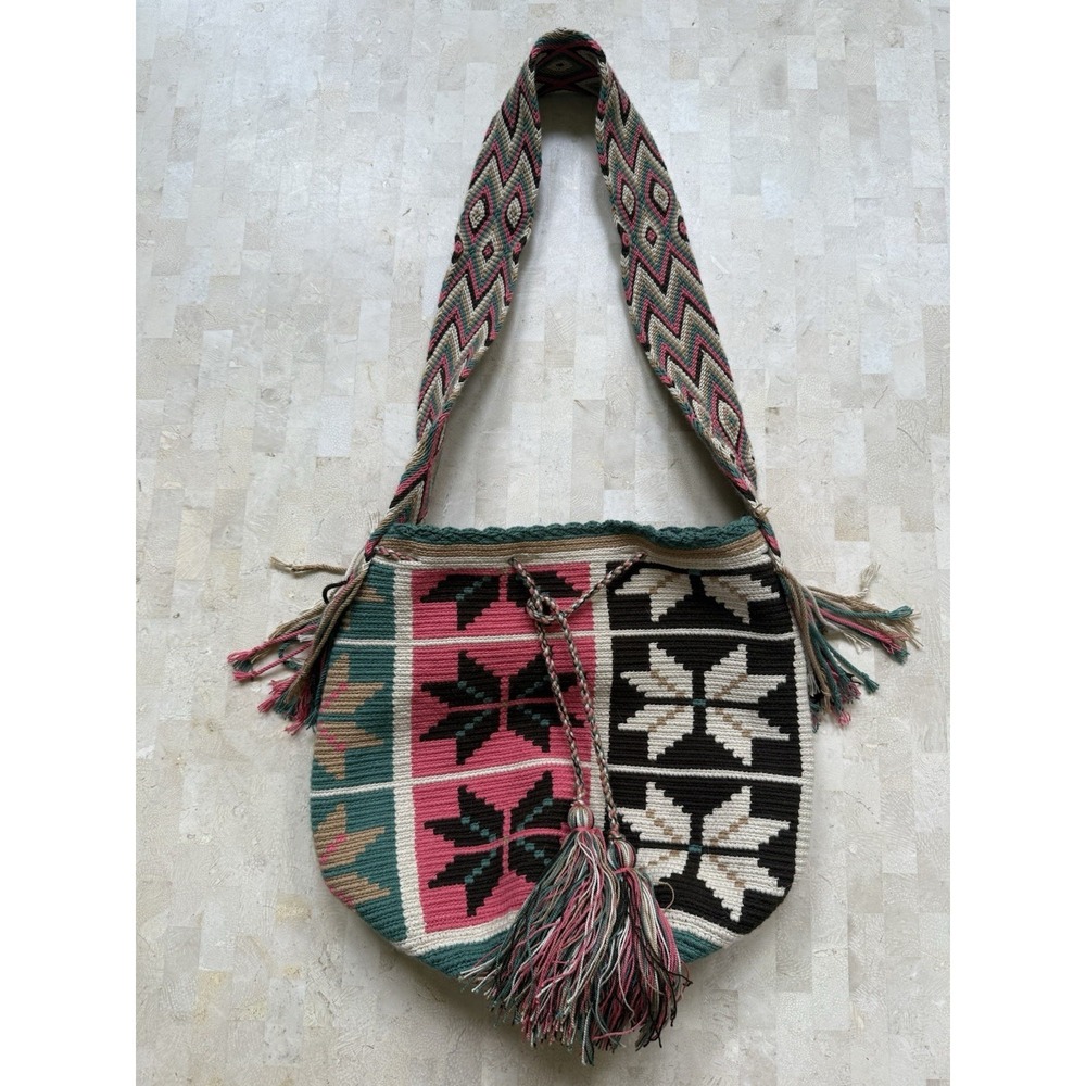 Wayuu Mochila Colombian Bag Handmade One of a Kind Multi Pink Flower Ethnic Boho